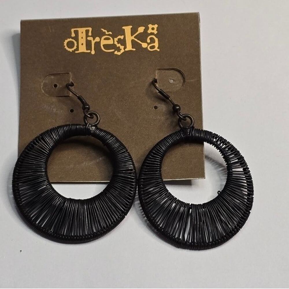 Treska Black Wire Wrapped Hoop Earrings Round Textured Fishhook Drop Jewelry New